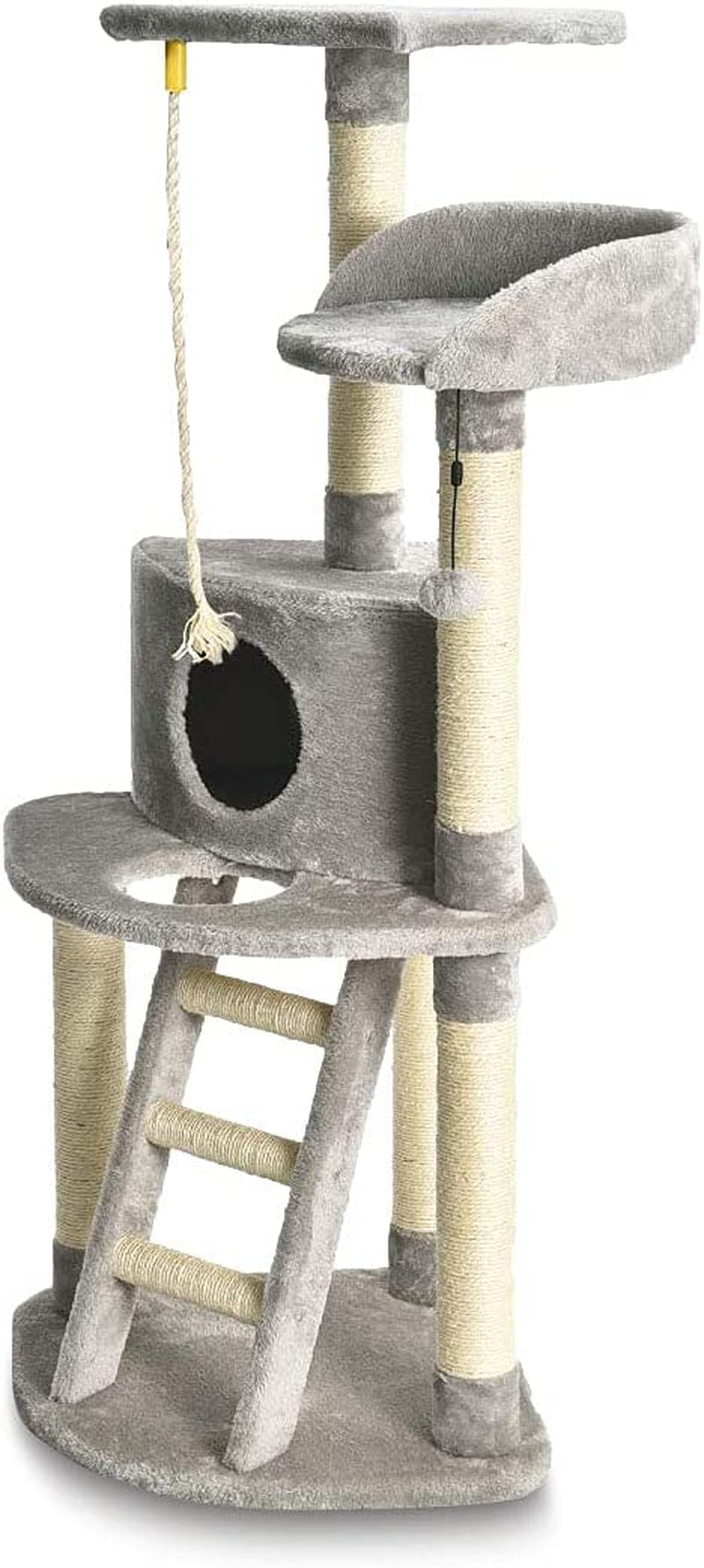 Cat Condo Tree Tower with Scratching Post and Step Ladder - 19 X 19 X 52 Inches, Light Grey.