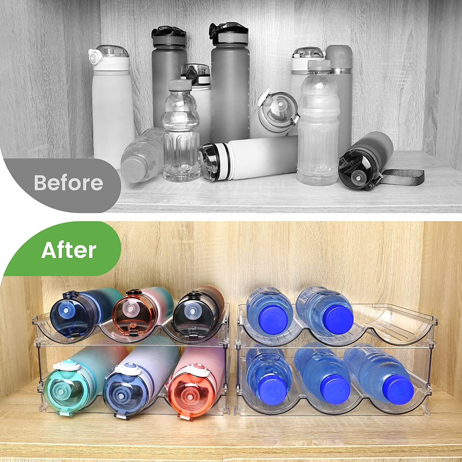 Efficient Water Bottle Organizer - 2 Pack Stackable Storage Racks for Cabinets.