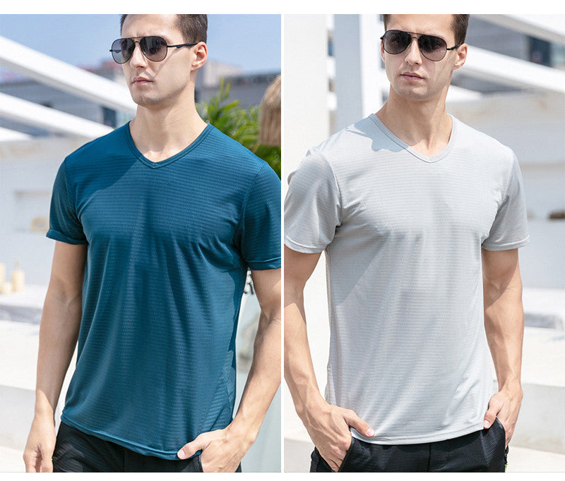 Ice Silk Short Sleeve T-shirt Men's Summer New Thin Mesh Quick Dry T-shirt Breathable Loose Large Sports Half Sleeve