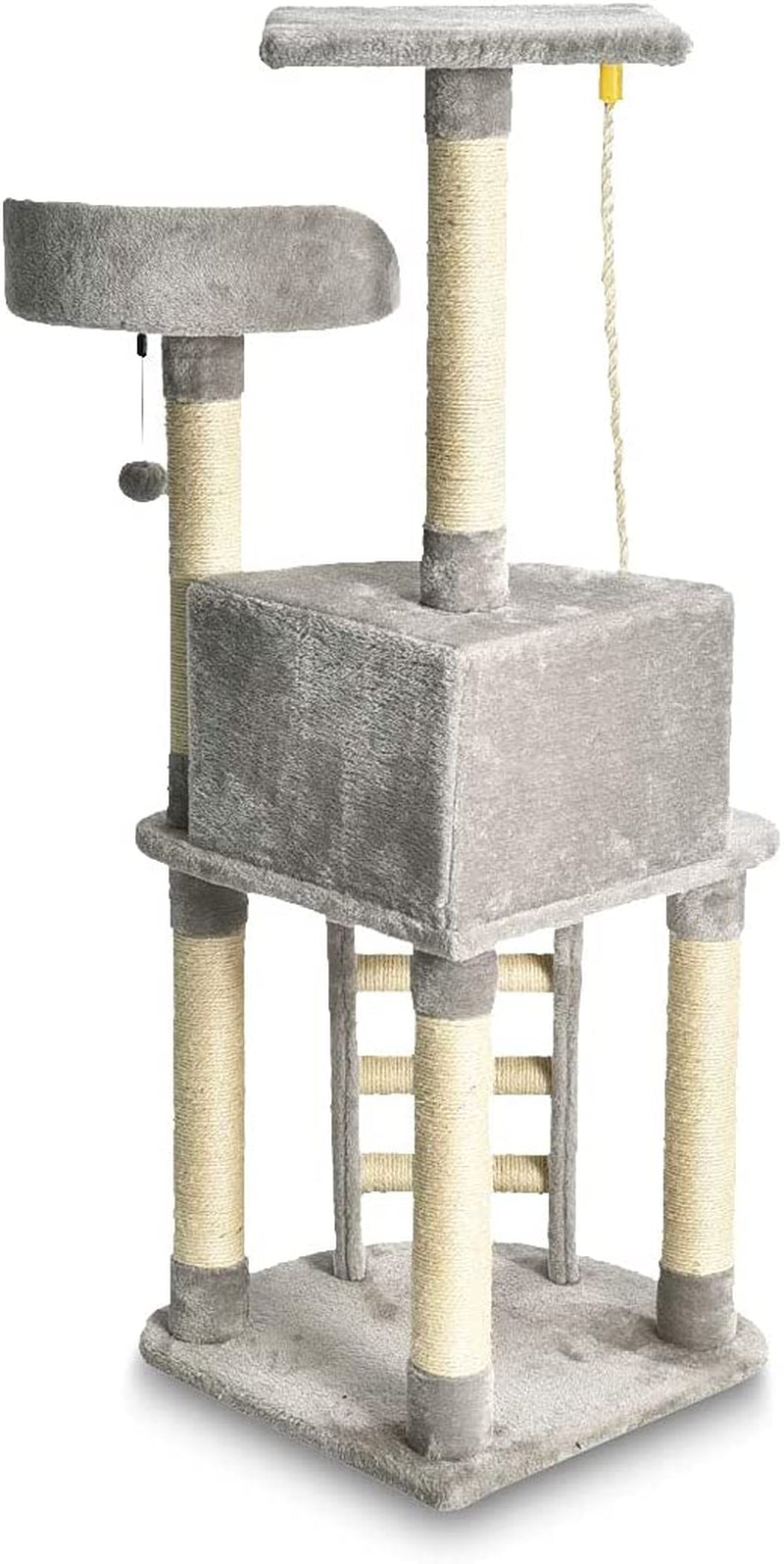 Cat Condo Tree Tower with Scratching Post and Step Ladder - 19 X 19 X 52 Inches, Light Grey.