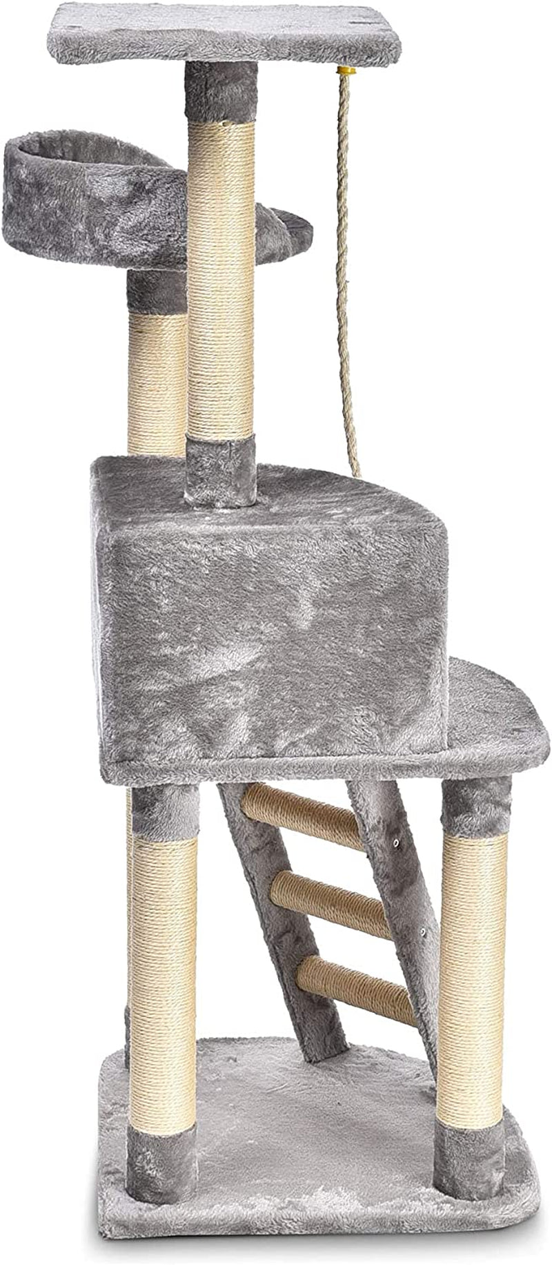 Cat Condo Tree Tower with Scratching Post and Step Ladder - 19 X 19 X 52 Inches, Light Grey.