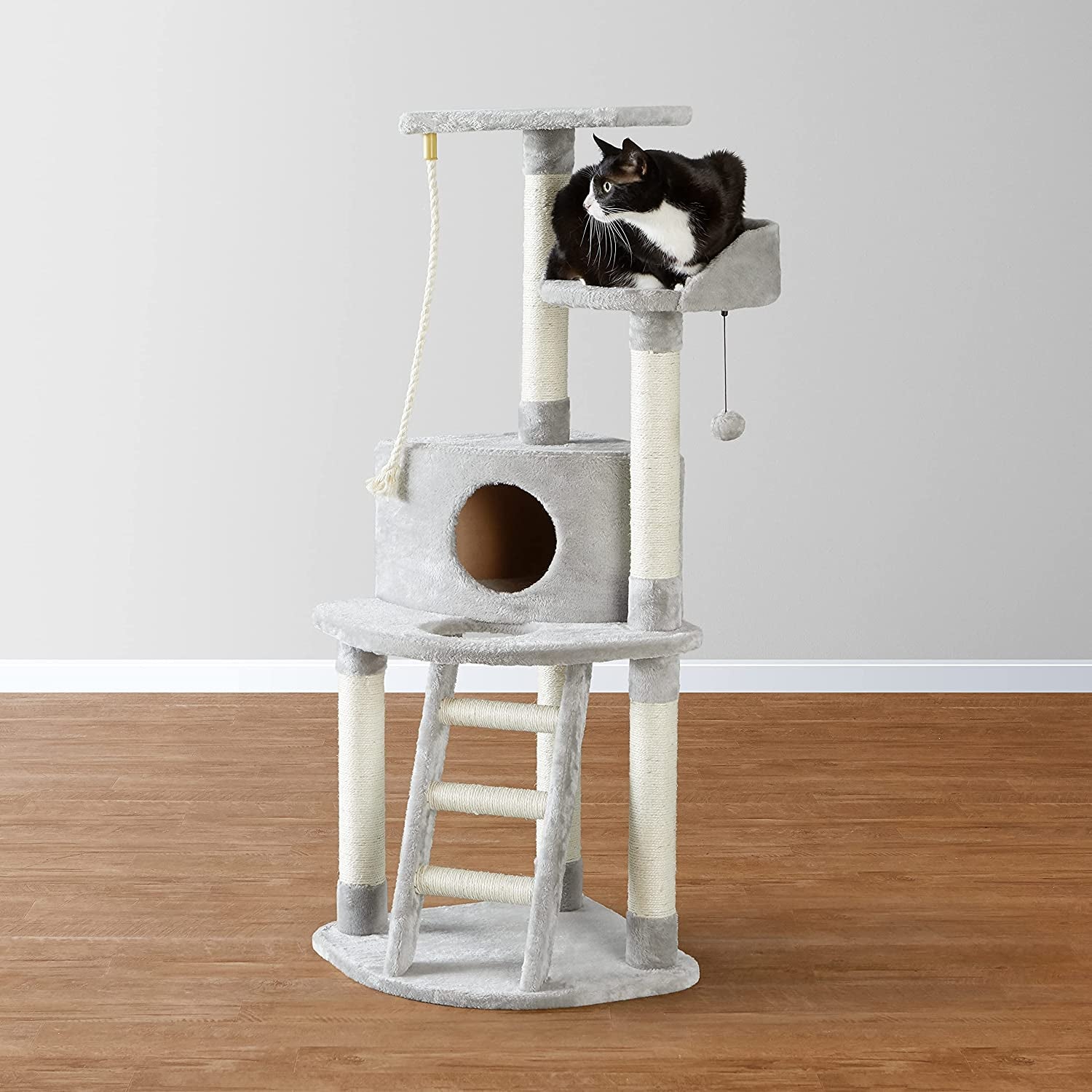 Cat Condo Tree Tower with Scratching Post and Step Ladder - 19 X 19 X 52 Inches, Light Grey.