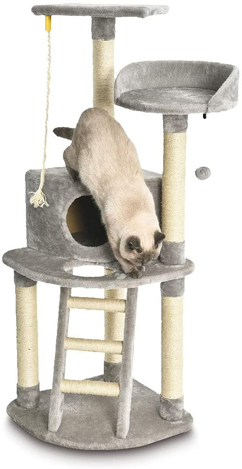 Cat Condo Tree Tower with Scratching Post and Step Ladder - 19 X 19 X 52 Inches, Light Grey.