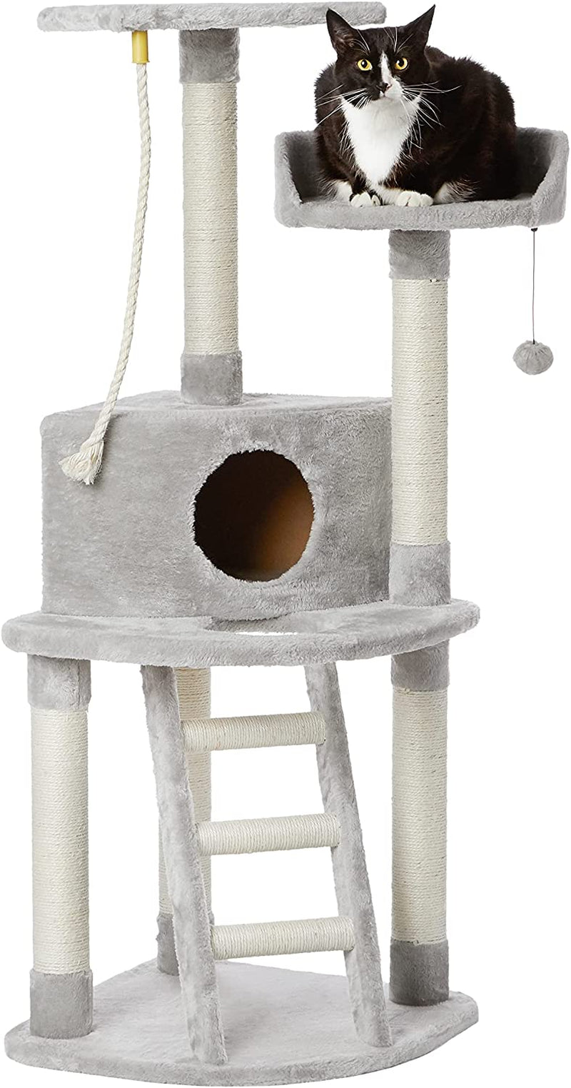 Cat Condo Tree Tower with Scratching Post and Step Ladder - 19 X 19 X 52 Inches, Light Grey.