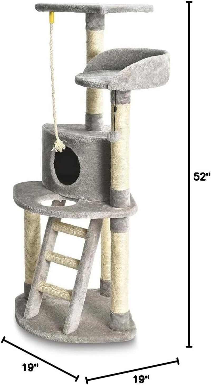 Cat Condo Tree Tower with Scratching Post and Step Ladder - 19 X 19 X 52 Inches, Light Grey.